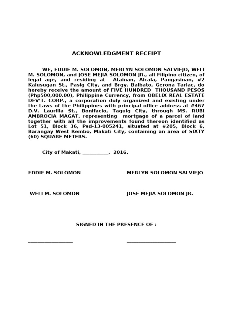 Acknowledgment Receipt Mortgage Becca | PDF