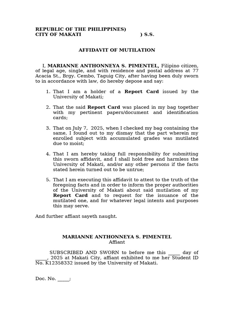 Affidavit of Report Card Mutilation | PDF