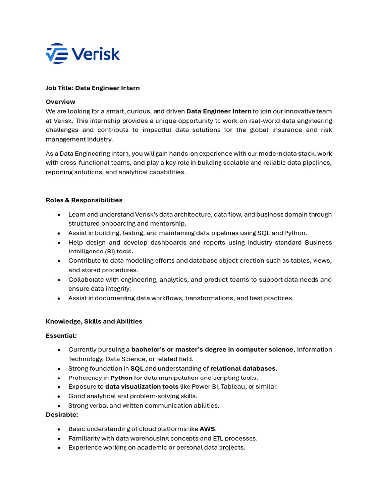 Data Engineer Intern Opportunity at Verisk | PDF