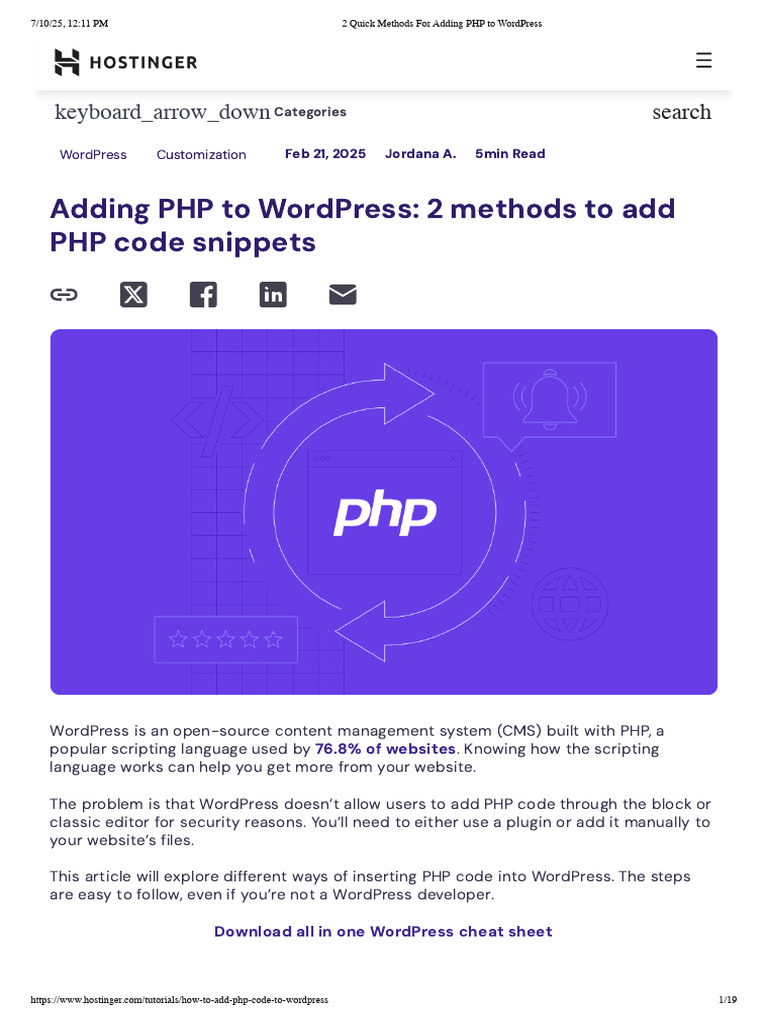 Add PHP to WordPress: 2 Methods | PDF | Word Press | Websites