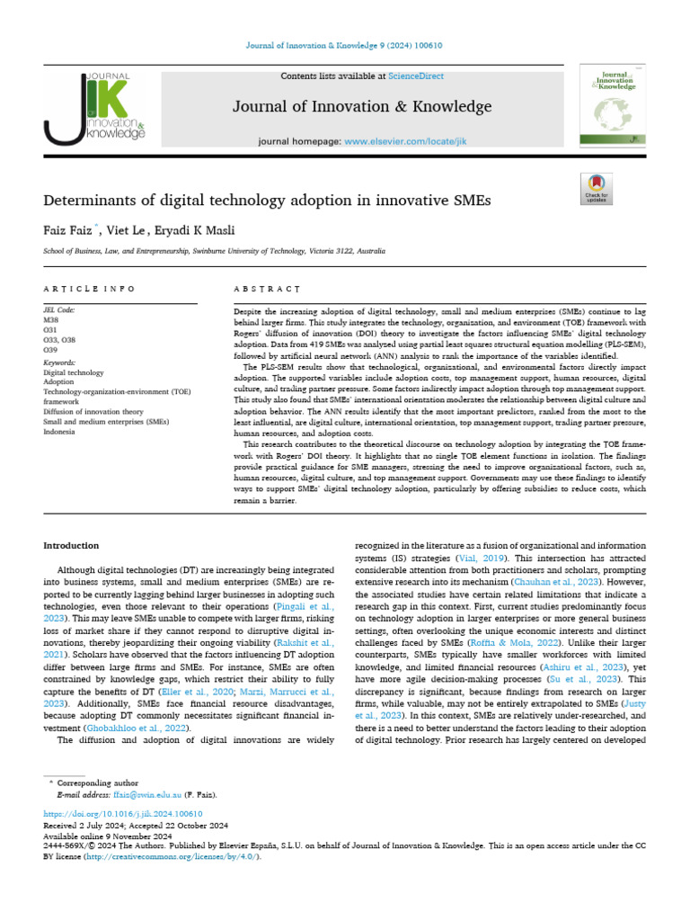 Digital Tech Adoption in Innovative SMEs | PDF | Small And Medium Sized ...