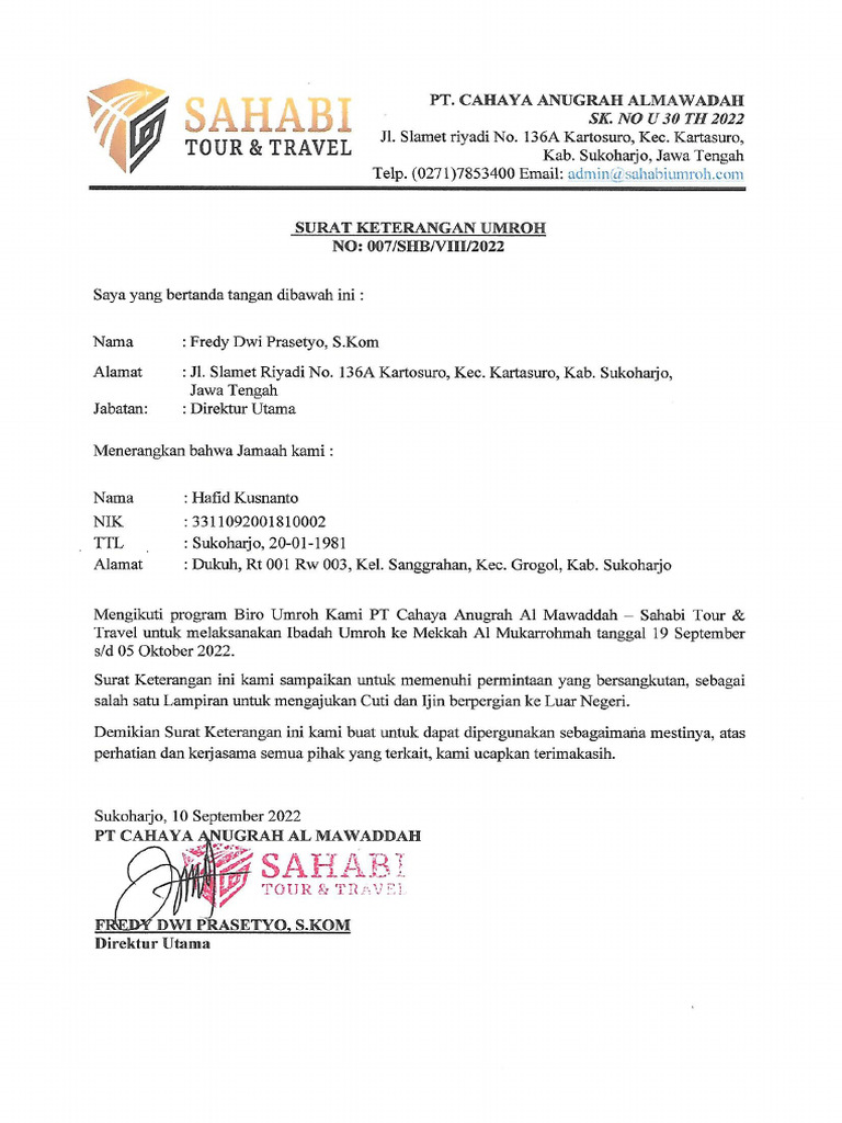 Surat Keterangan Ijin Umroh September 2022 | PDF
