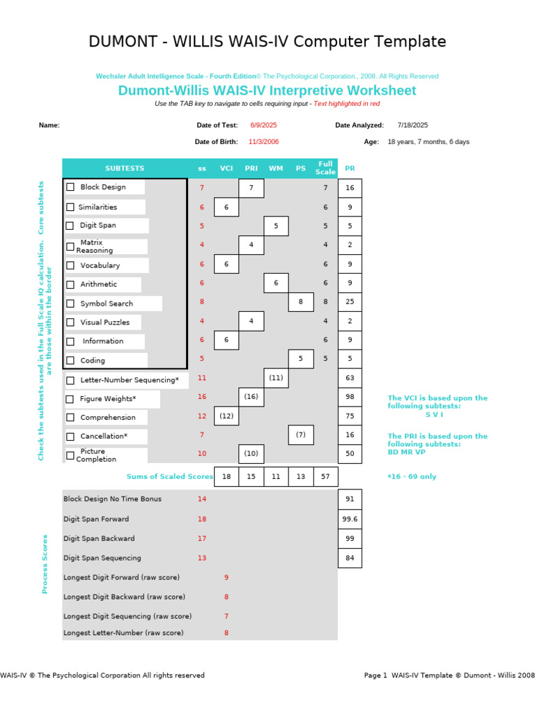 WAIS-IV Interpretive Worksheet Overview | PDF | Wechsler Adult ...