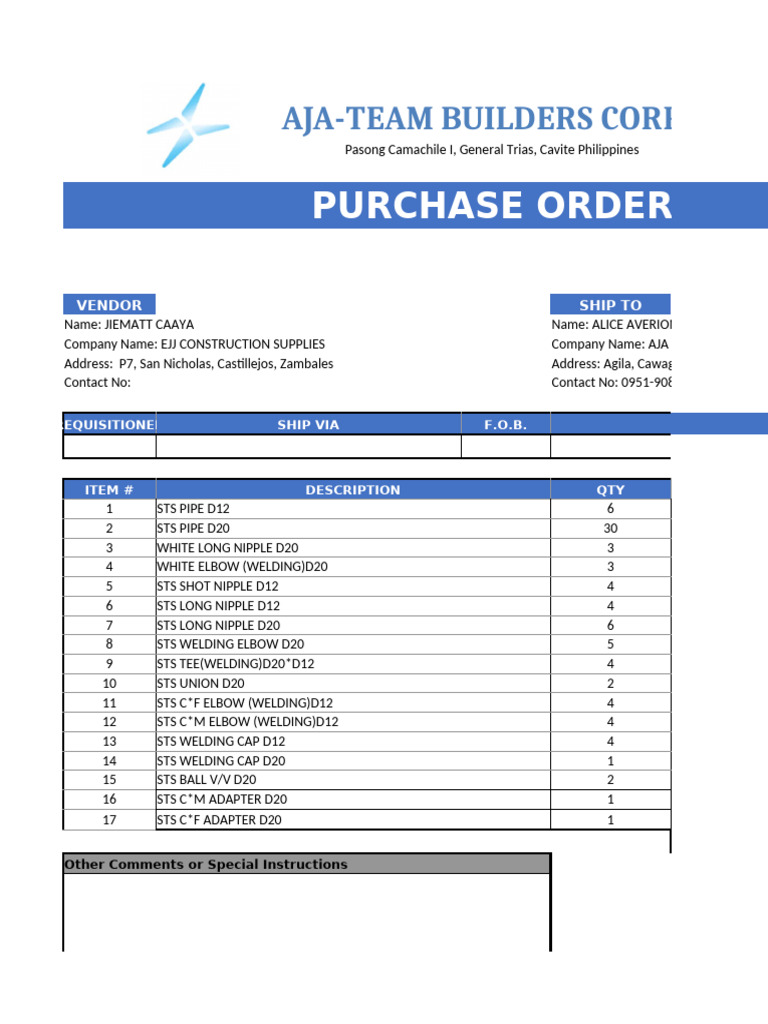 Purchase Order for EJJ Construction Supplies | PDF