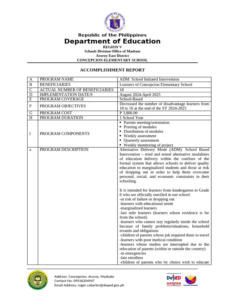 ADM Report for Concepcion Elementary | PDF