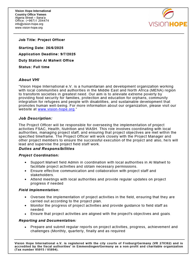 Project Officer Position in Yemen | PDF | Nonprofit Organization | Business