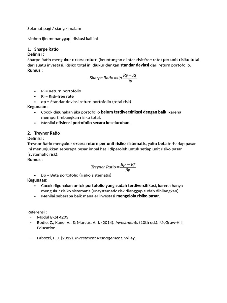 Perbandingan Sharpe dan Treynor Ratio | PDF