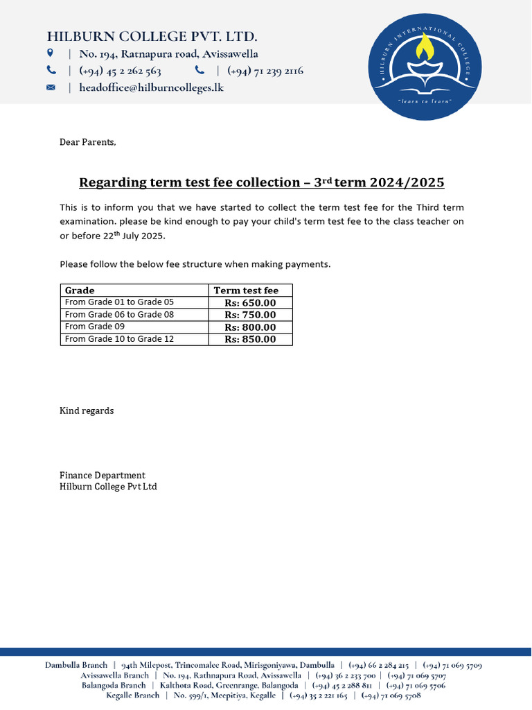 Term Test Fee Notice - 3rd Term 2024.2025 | PDF