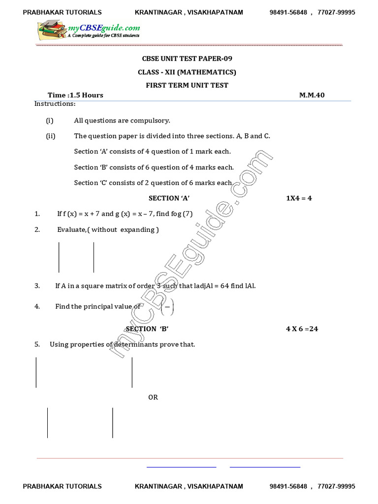 CBSE Class 12 Mathematics Unit Test 9 | PDF | Function (Mathematics ...