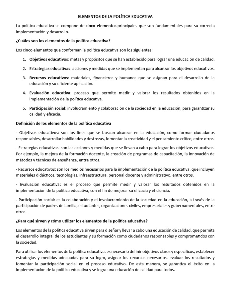 Elementos Clave de la Política Educativa | PDF | Evaluación | Maestros