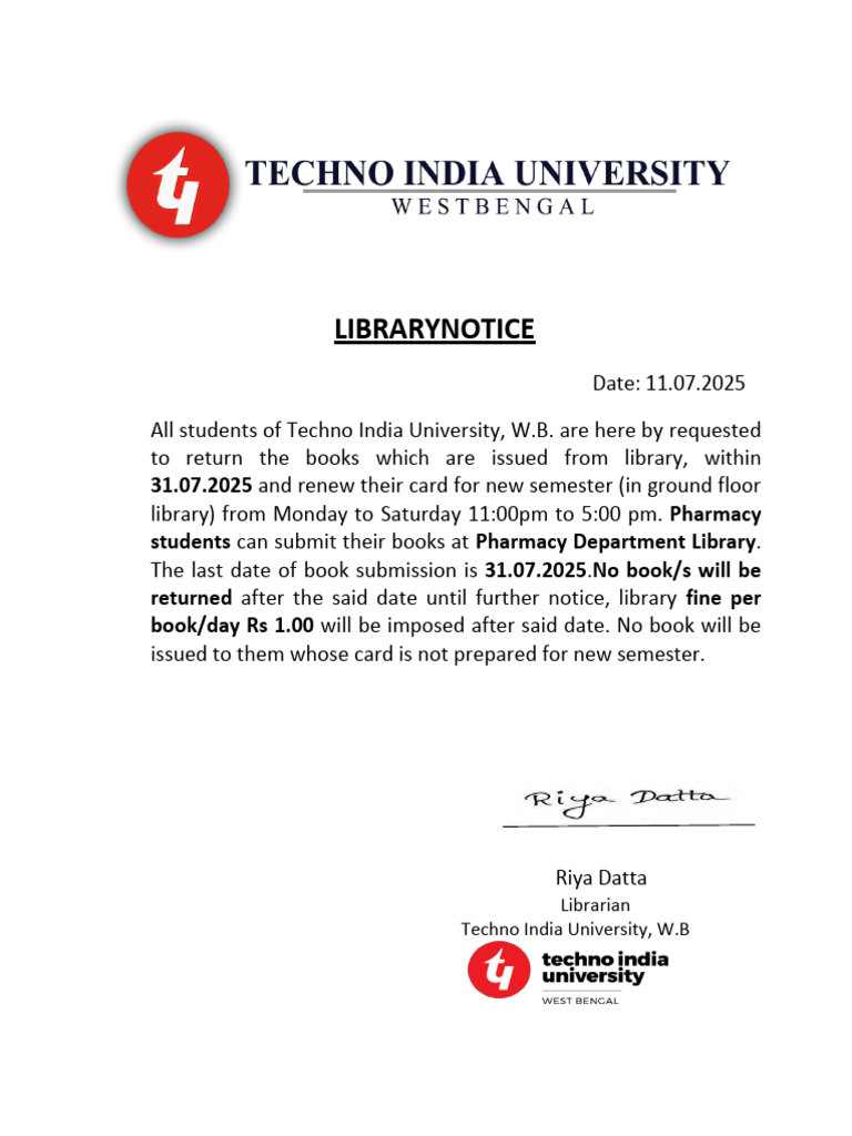 Notice For Library Book Submission Odd Semester (2 - 250714 - 094729 | PDF