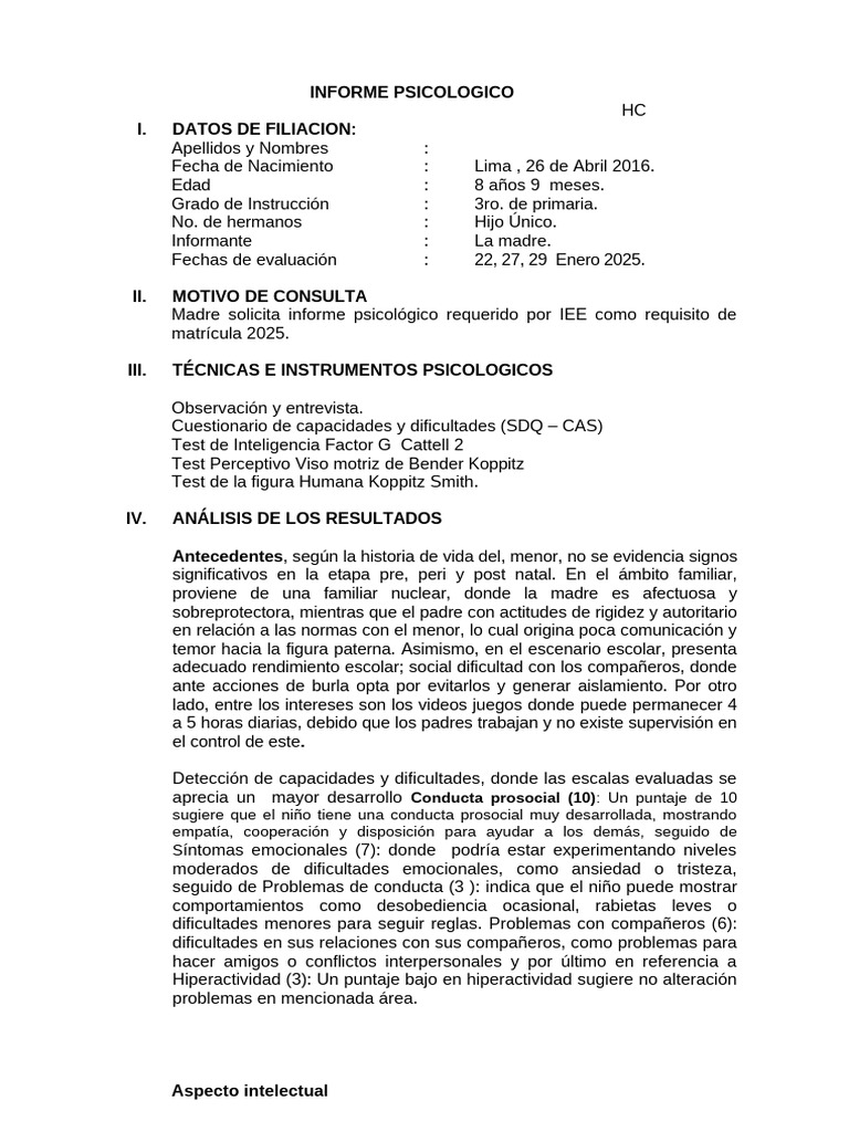 Informe Psicológico Infantil 2025 | PDF | Las emociones | Timidez