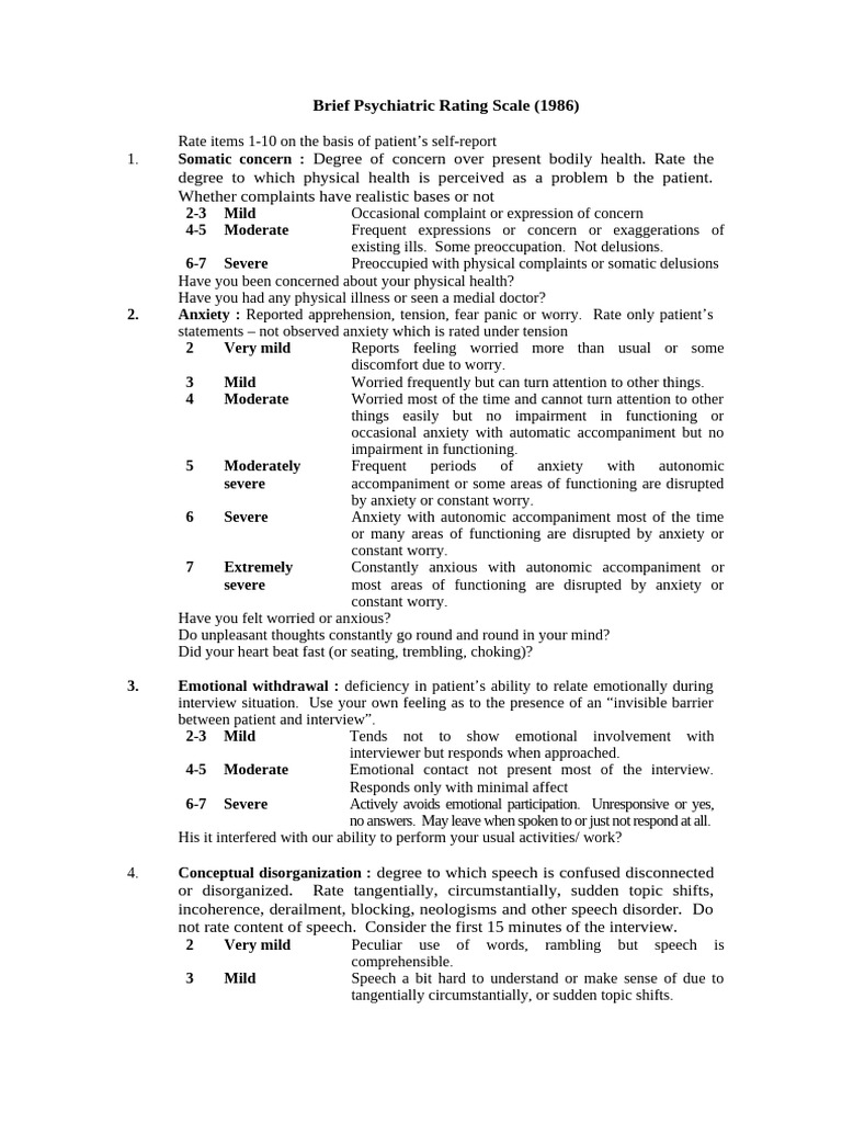 Brief Psychiatric Rating Scale Overview | PDF | Hallucination | Anxiety