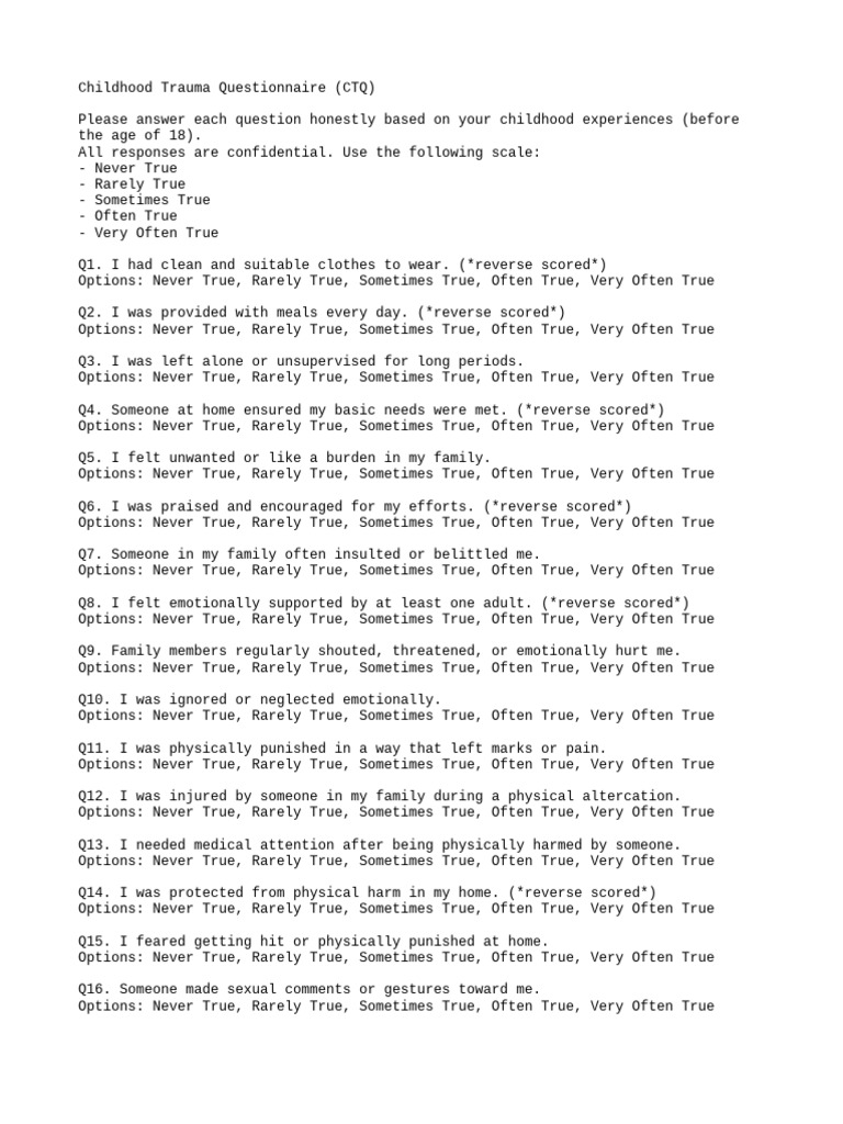 Childhood Trauma Questionnaire CTQ | PDF | Psychology | Behavioural ...