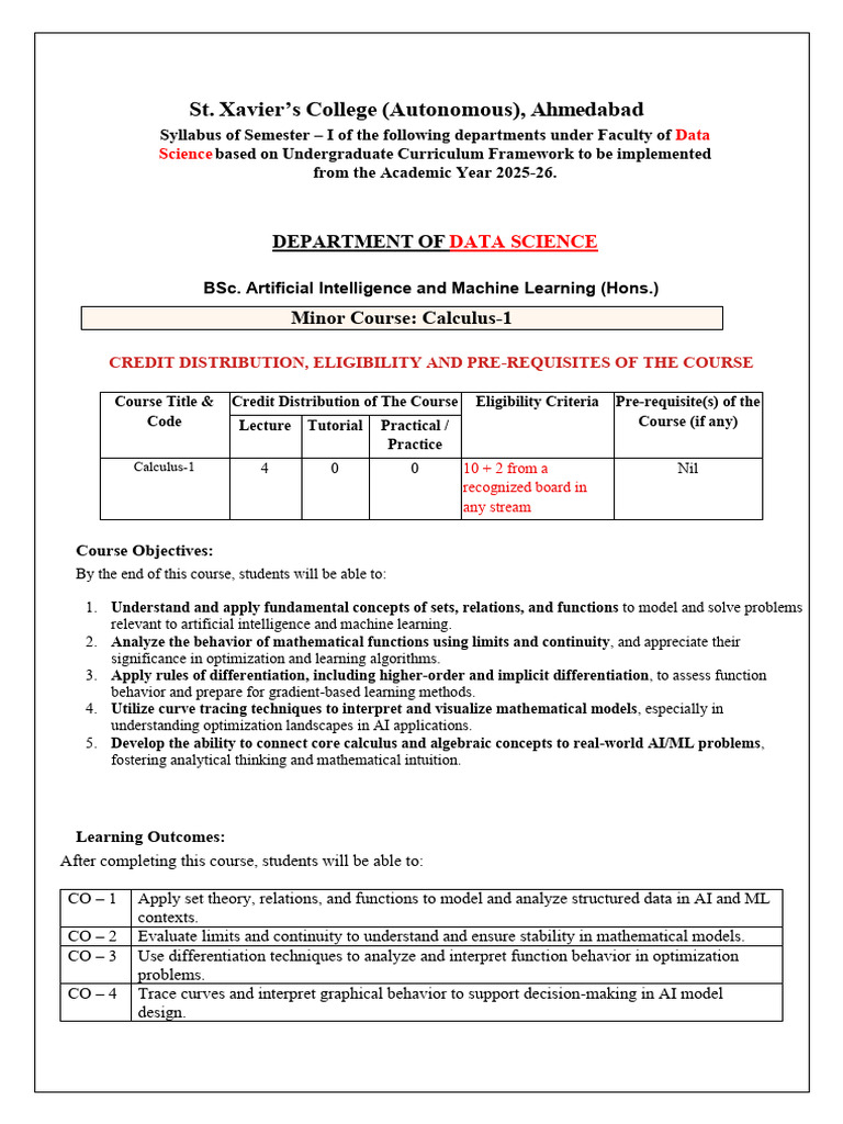 BSc. AI ML-Minor Sem 1 - Calculus I | PDF | Machine Learning | Function ...