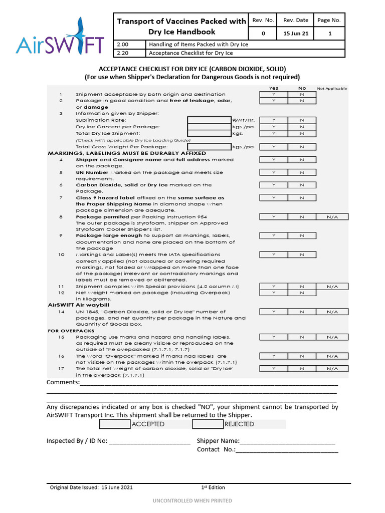 Dry Ice Acceptance Checklist 2025 | PDF | Ice | Materials