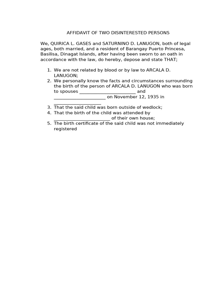 Affidavit of Disinterested Witnesses | PDF