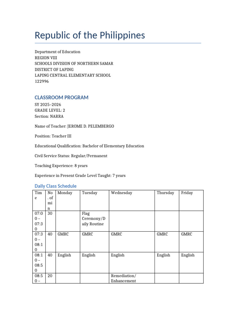 Grade 2 Classroom Program 2025-2026 | PDF | Learning