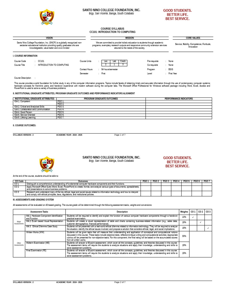 BSIS Curriculum Overview: CC101 Syllabus | PDF | Microsoft Excel | Chart