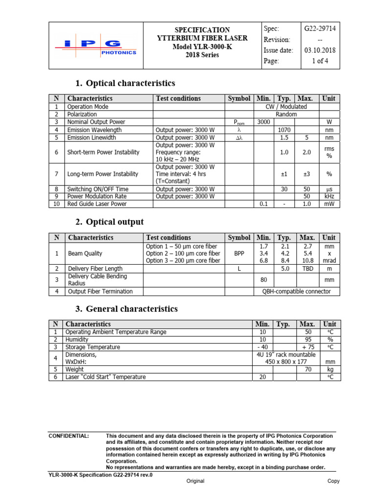 YLR-3000-K Laser Specification Document | PDF | Fiber Optic ...
