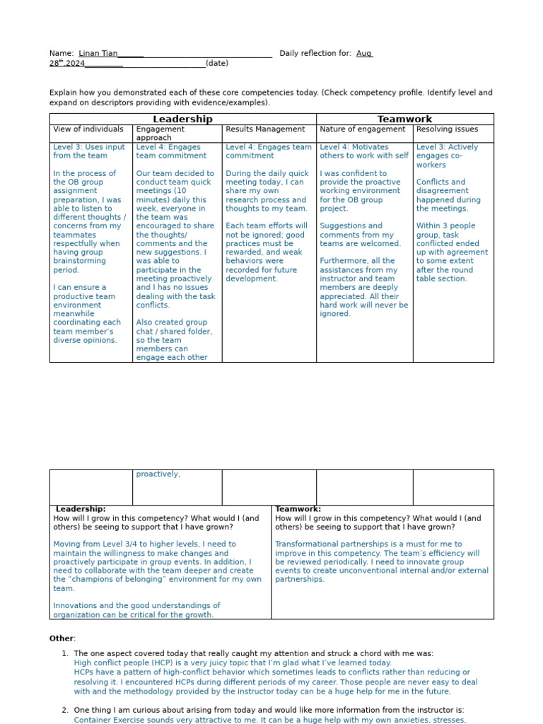 Daily Reflection on Leadership & Teamwork | PDF | Leadership | Cognition