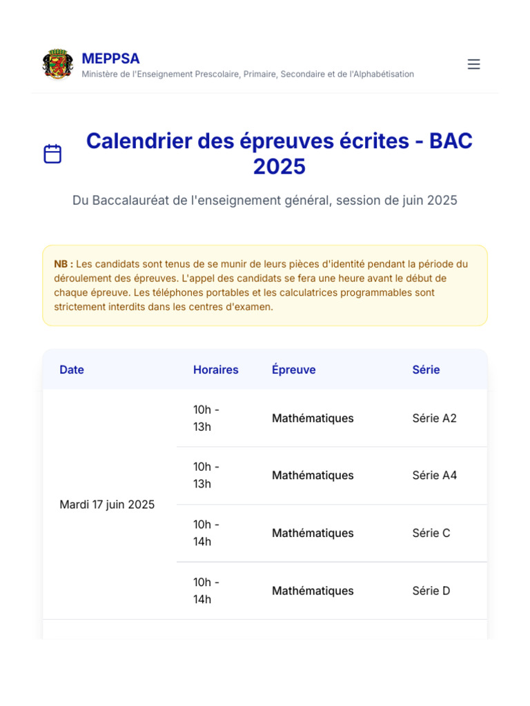Calendrier BAC 2025 au Congo | PDF