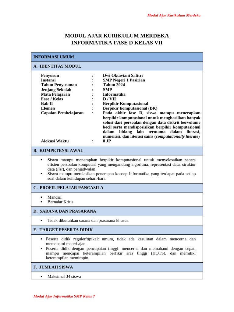 Modul Ajar Informatika Kelas 7 SMP | PDF