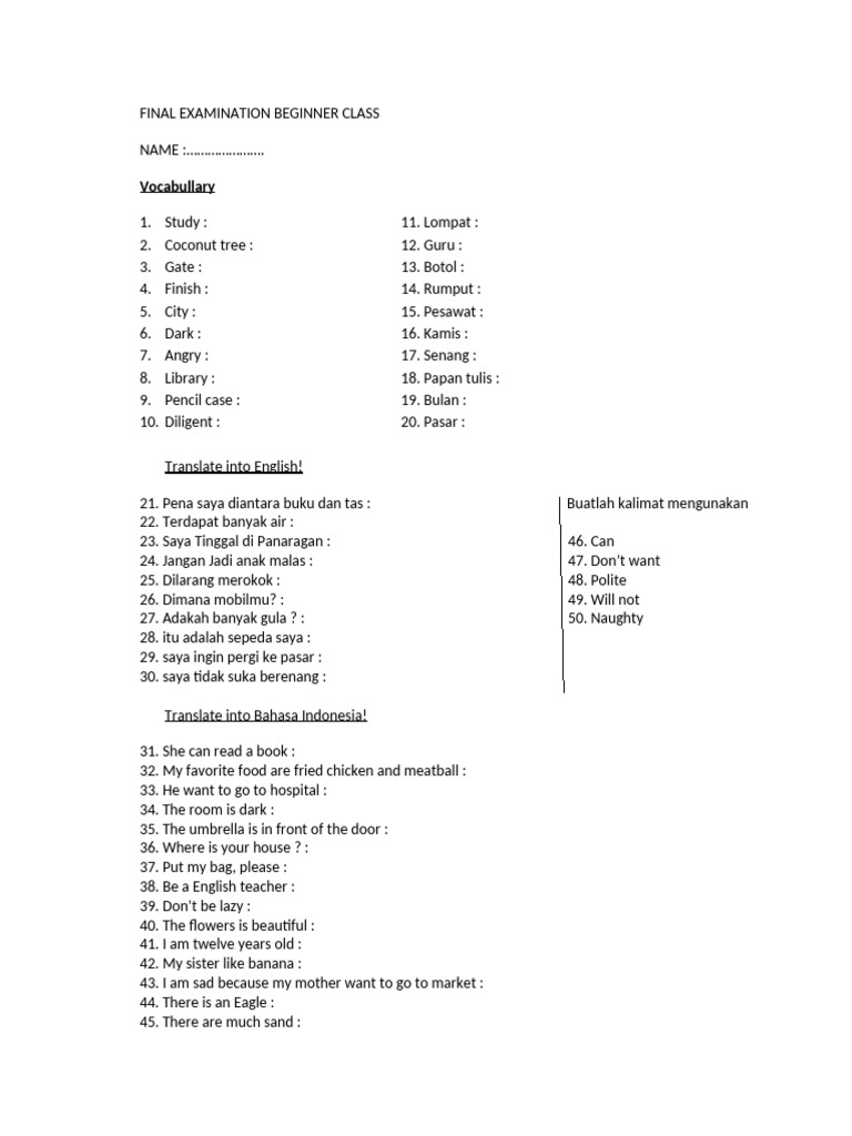 Final Examination Beginner Class | PDF