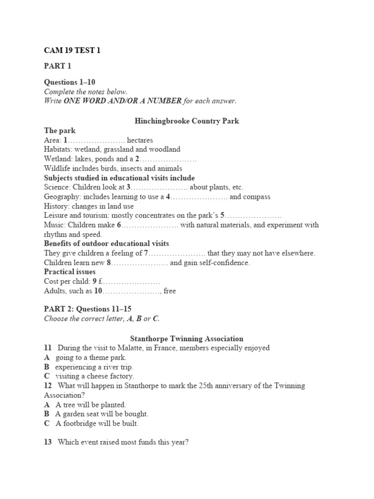 Cam 19 Test 1 Listening Official Pdf