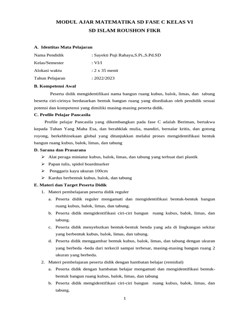 Contoh Modul Ajar Sdi RF | PDF