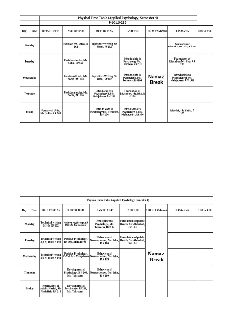 GCUF Applied Psychology Timetable | PDF | Psychology