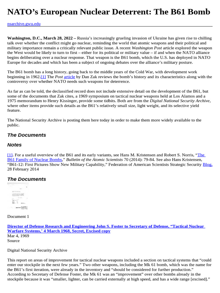 NATO European Nuclear Deterrent B61 Bomb | PDF | Nuclear Weapons ...