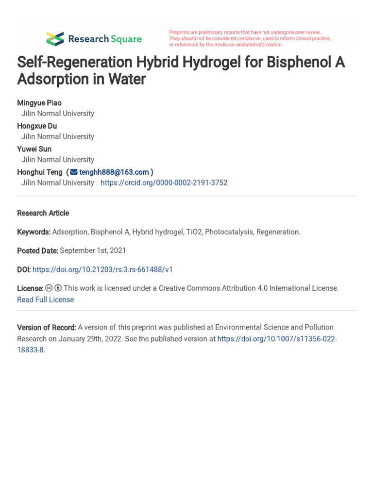 Self-Regenerative Hydrogel for BPA Removal | PDF | Adsorption | Applied ...