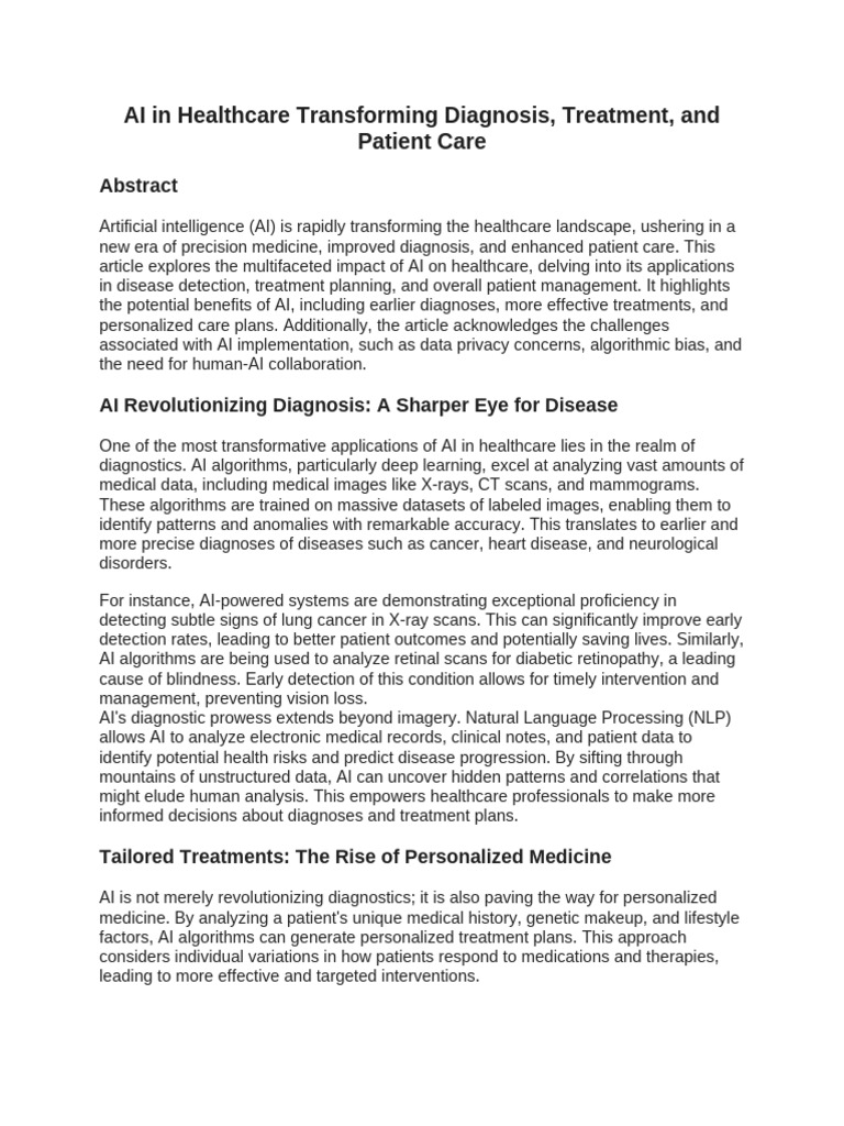 AI Transforming Healthcare: Diagnosis & Care | PDF | Personalized ...