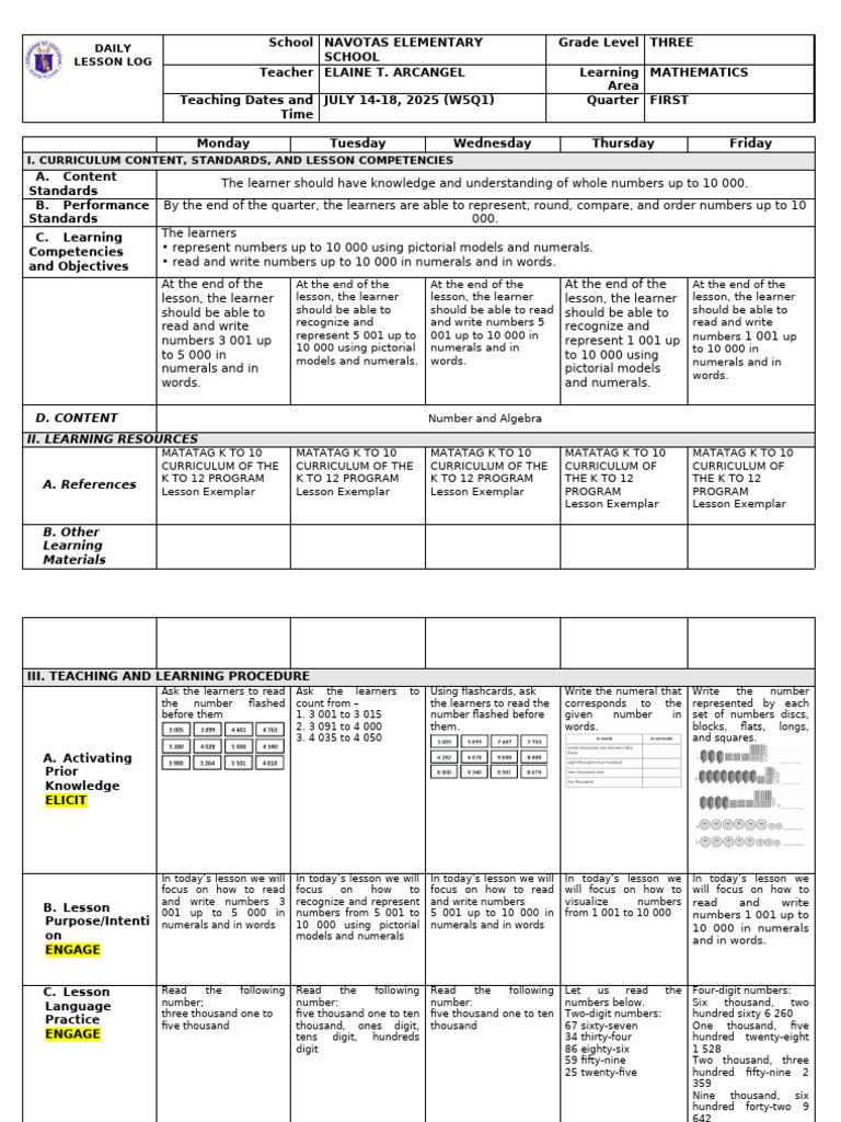 Grade 3 Math Curriculum: Numbers 1-10,000 | PDF | Curriculum | Learning