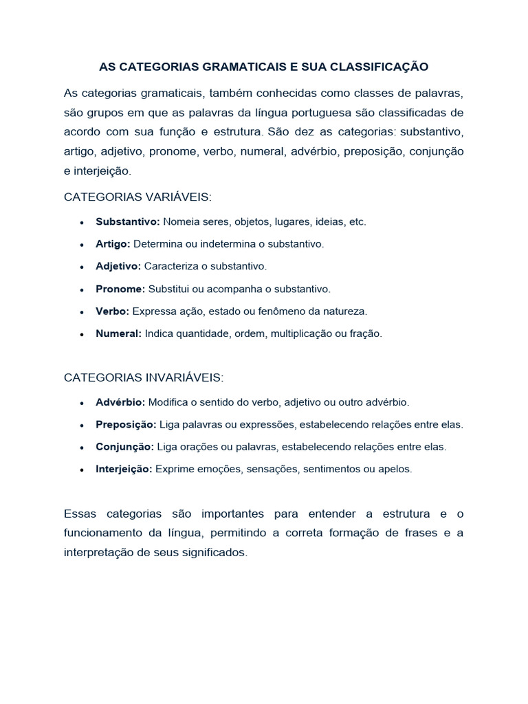 Classificação das Categorias Gramaticais | PDF