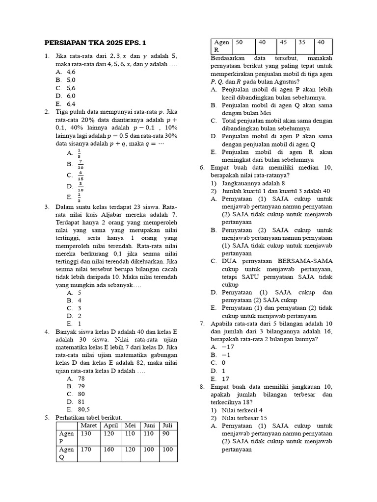 Soal Statistika TKA 2025 dan Rata-rata | PDF
