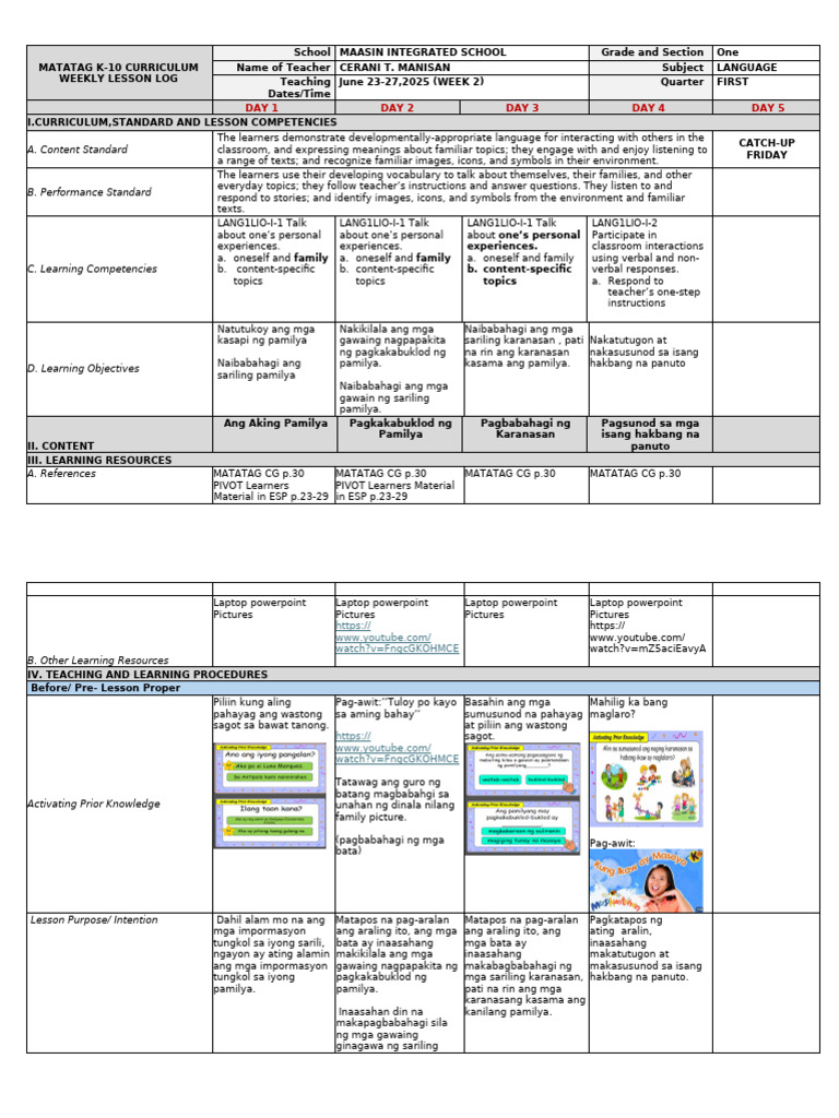 Grade 1 Language w2 | PDF