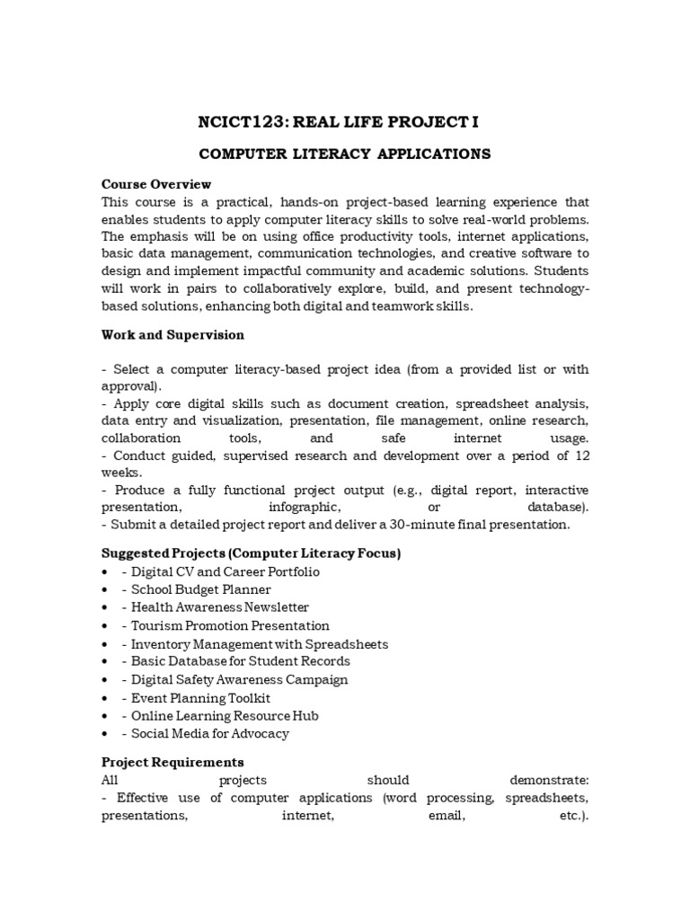 NCICT123 Computer Literacy Project | PDF | Internet | Spreadsheet