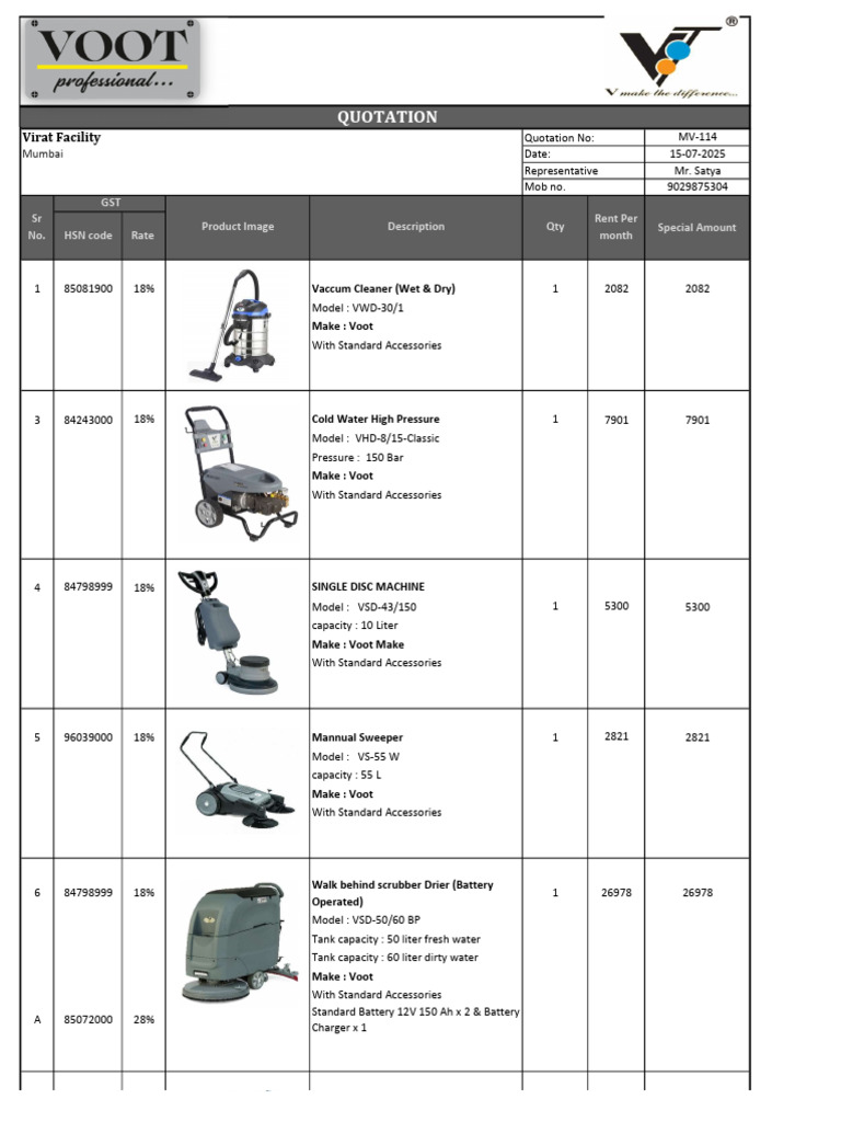 Quotation for Cleaning Equipment HSN Codes | PDF | Manufactured Goods
