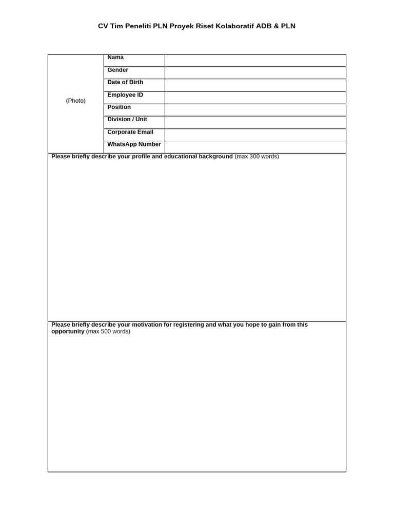 Template CV Tim Peneliti PLN Proyek Riset Kolaboratif ADB & PLN | PDF