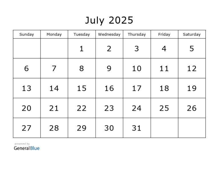 2025 07 July Calendar Printable Sunday Start en | PDF