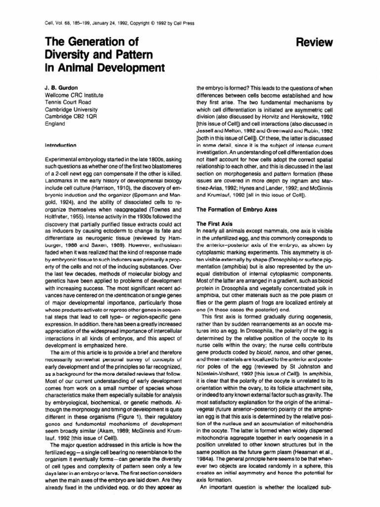 The Generation of Diversity and Pattern in Animal Development Review ...