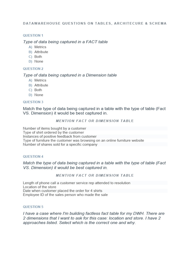 Data Warehouse Tables & Schema FAQs | PDF | Data Warehouse | Databases