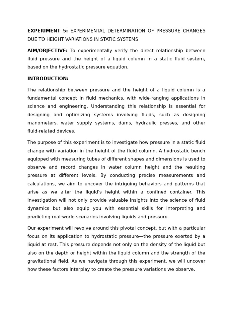 Experimental Determination of Pressure Changes Due To Height Variations ...