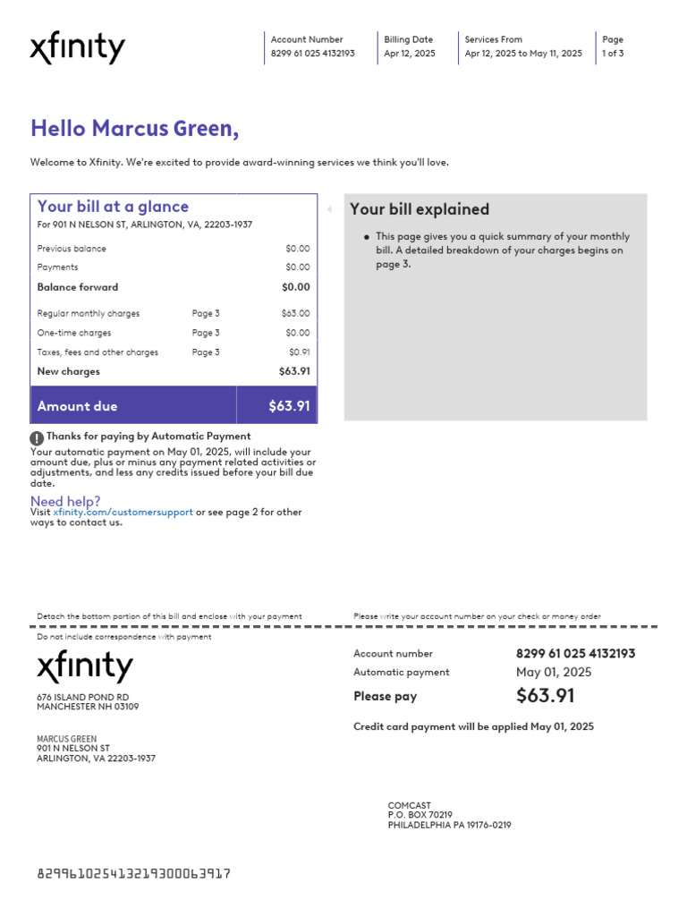 Xfinity Bill Summary for April 2025 | PDF | Service Industries | Payments