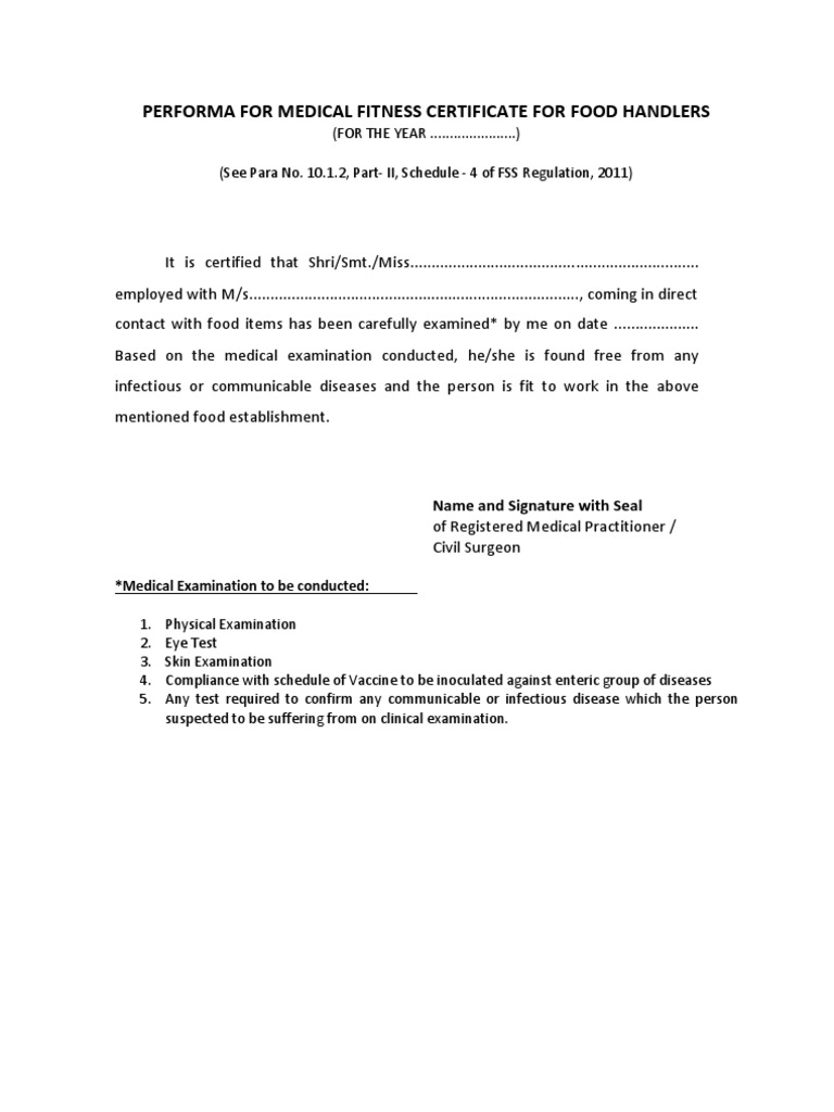 Medical Fitness Certificate for Food Handlers | PDF | Finance & Money ...