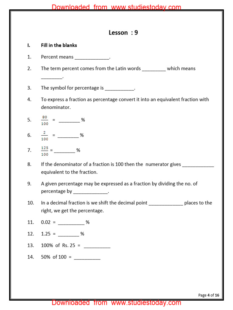 Class 5 Percentage Worksheet with Answers | PDF | Percentage | Arithmetic