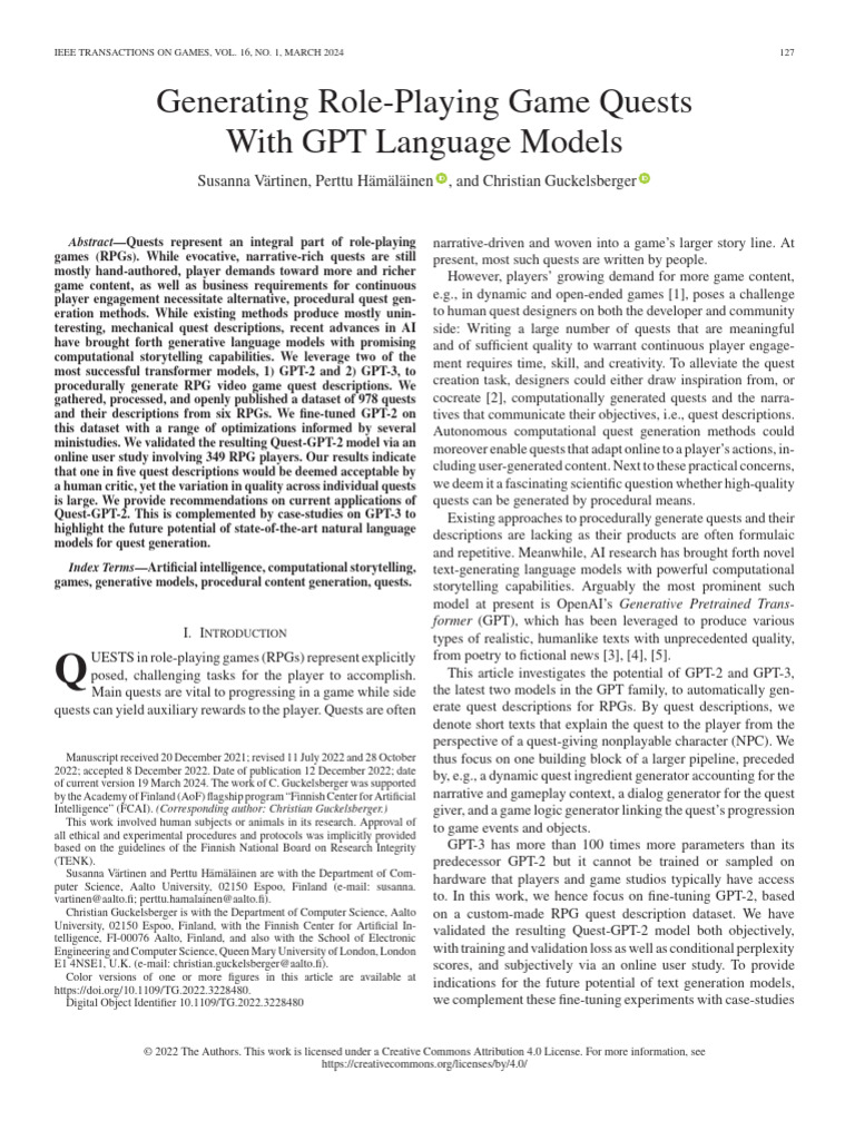 Quest Generation with GPT Models | PDF
