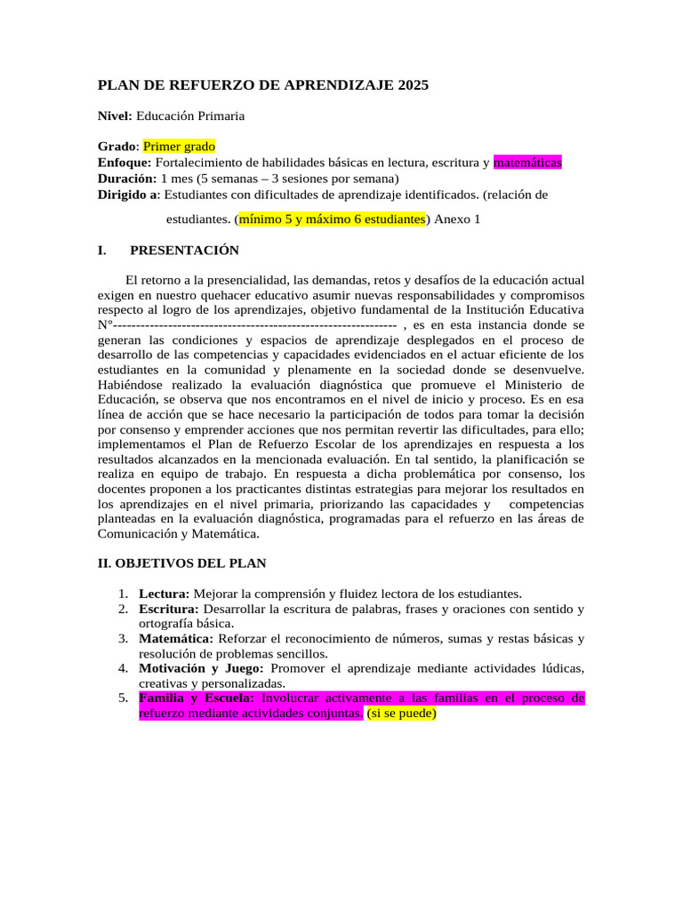 Plan de Refuerzo Escolar 2025 Primaria | PDF | Evaluación | Aprendizaje